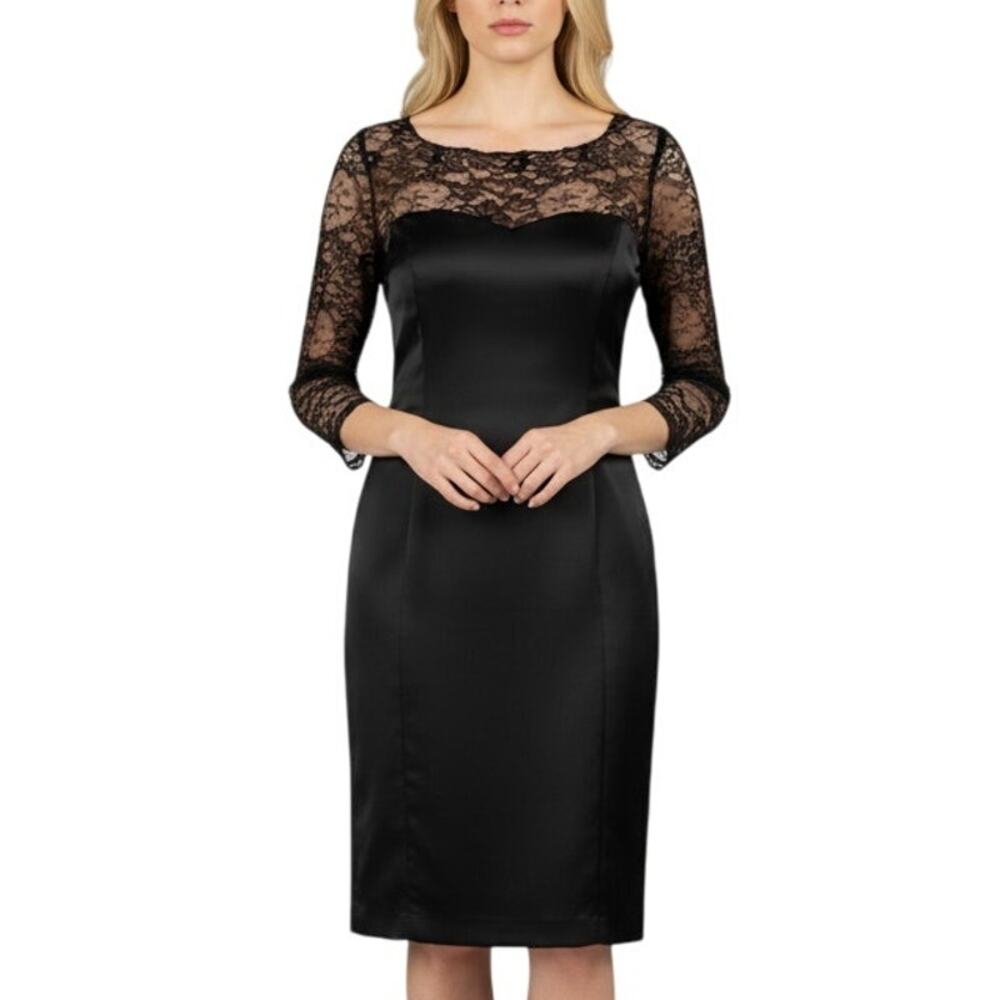 LA PERLA COLLEZIONE Black Satin & Lace Sheath Dress Size 48 / 12 Cocktail Sexy